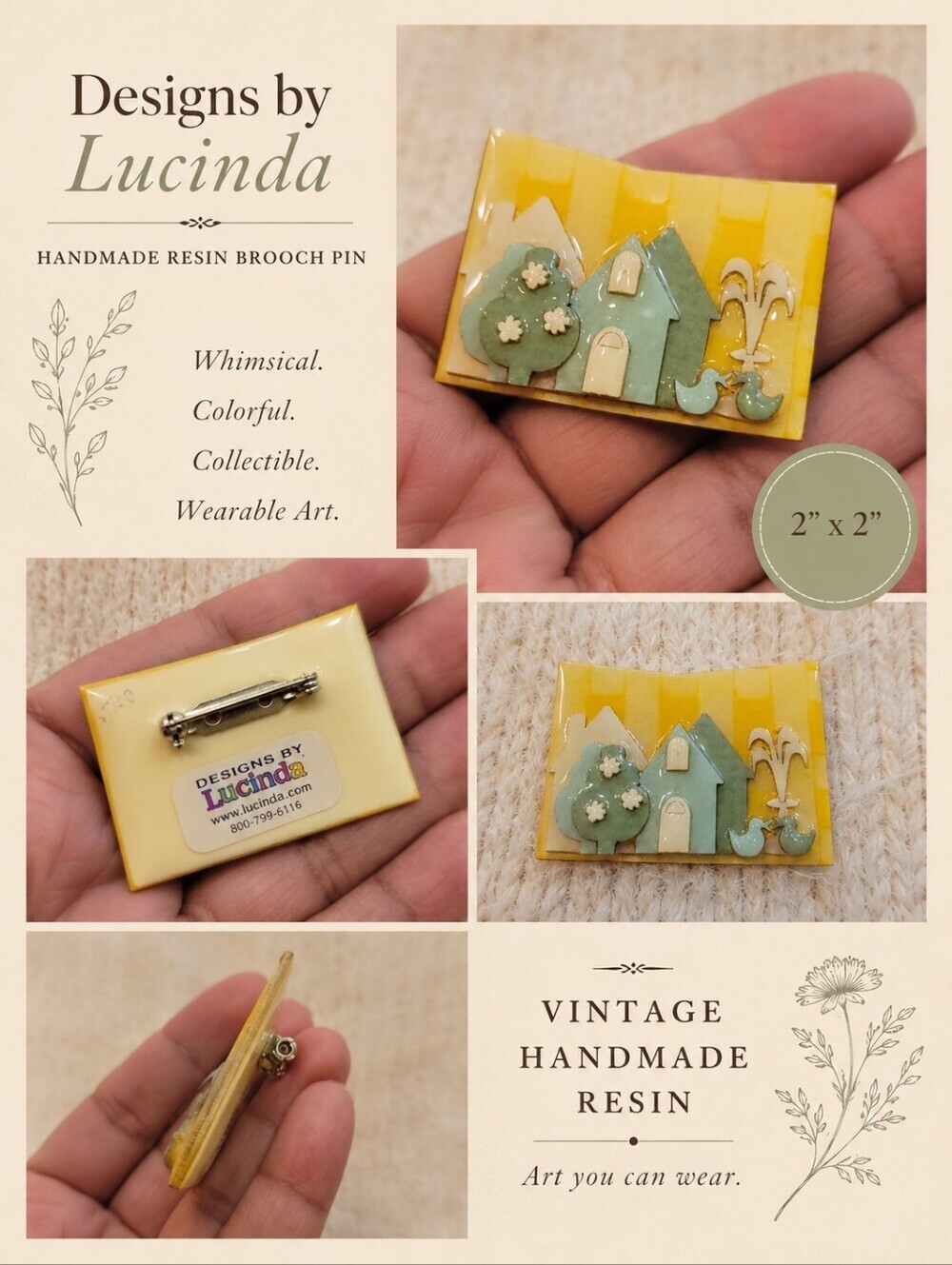 Lucinda Handmade Resin Village House Brooch Pin Yellow Landscape Art 2" VTG